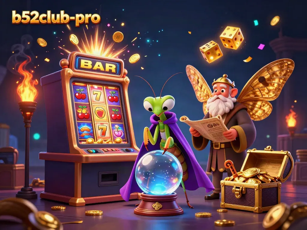 Experience dynamic gaming excitement with b52club-pro in this vibrant 3D casino illustration.