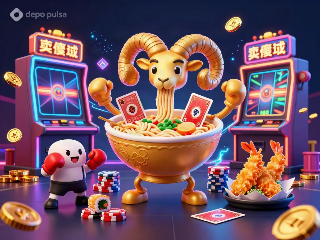 Engage in thrilling gaming action with depo pulsa as a golden ramen bowl character serves cards and chips.