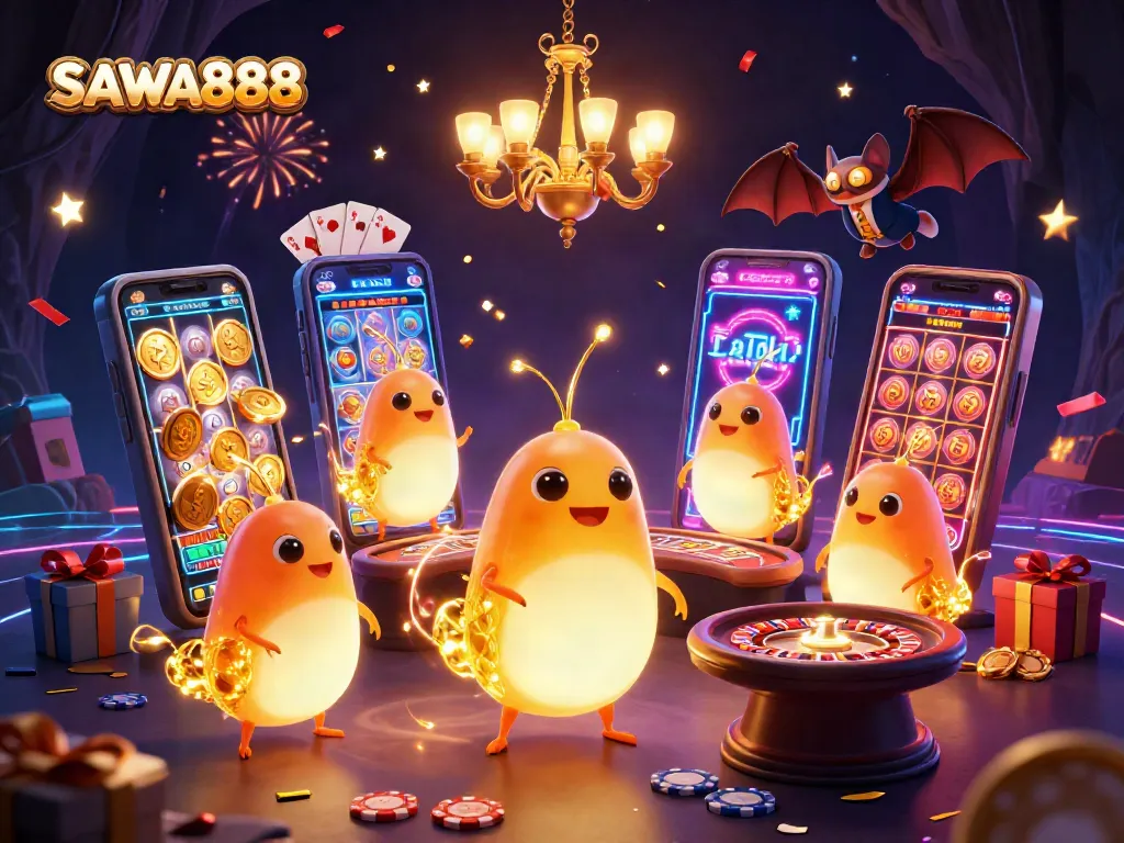 SAWA888 illuminates a vibrant casino scene with bioluminescent glowworms and dynamic gambling elements.