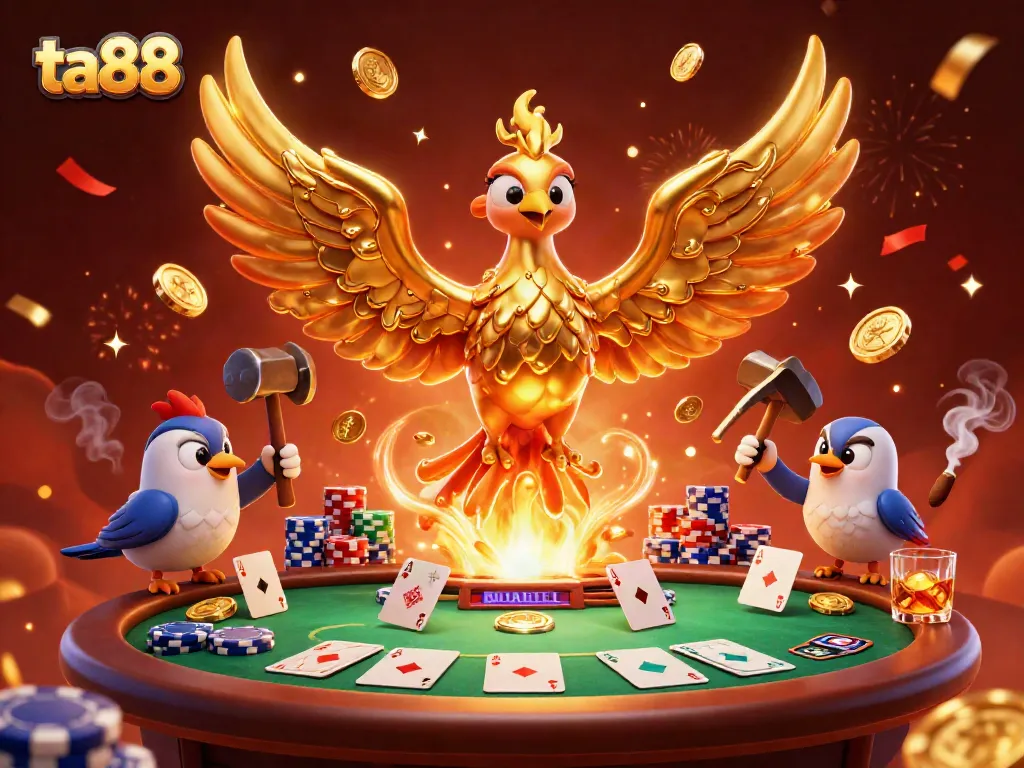 Experience ta88's thrilling poker atmosphere with a golden phoenix and dynamic casino elements.