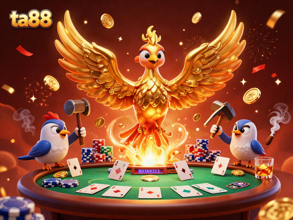 Experience ta88's thrilling poker atmosphere with a golden phoenix and dynamic casino elements.