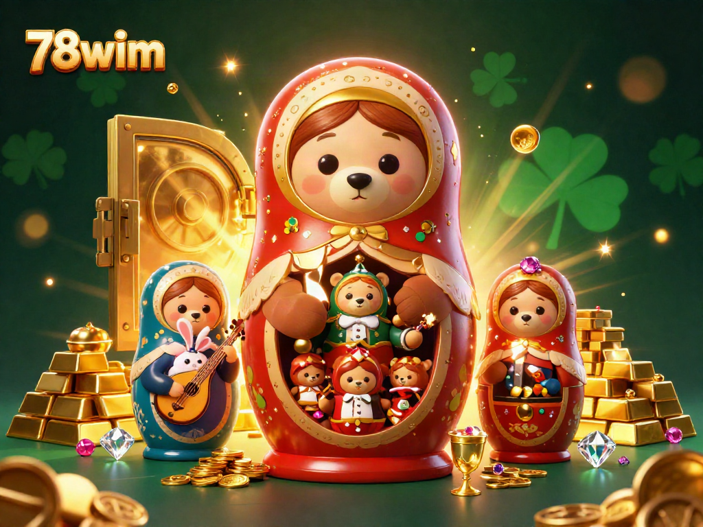 Experience thrilling casino action with 78wim's 3D illustration of Matryoshka bears and treasures.