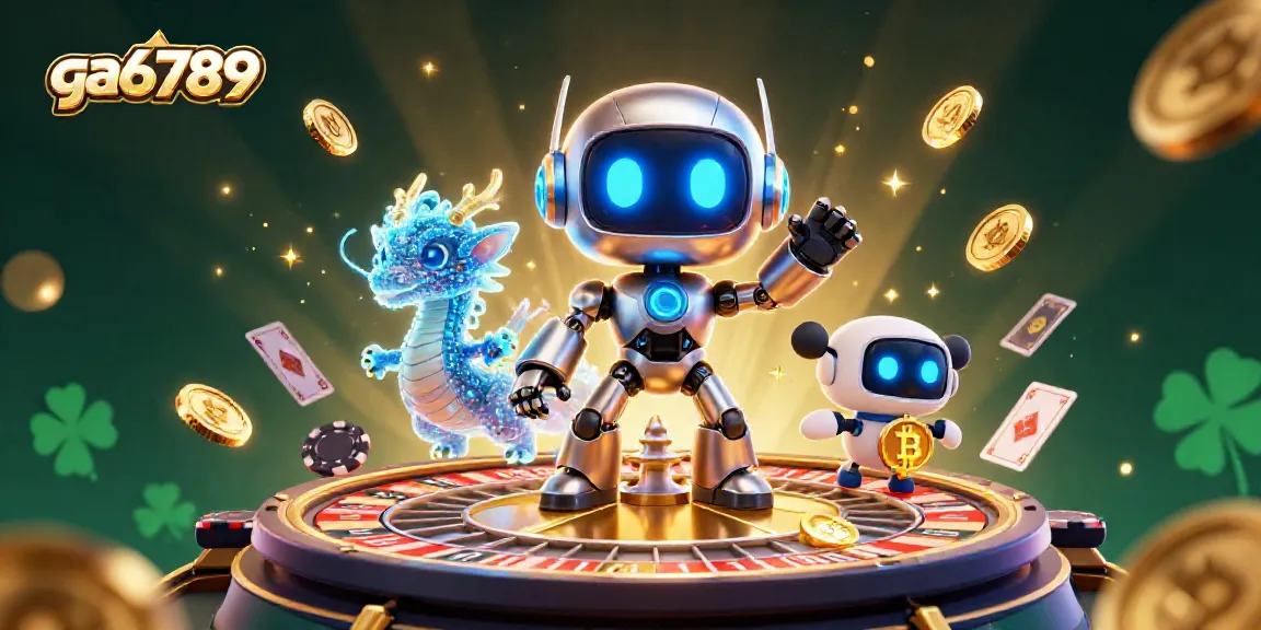 Engage with ga6789's vibrant online casino scene featuring a cyberpunk robot and holographic companions.